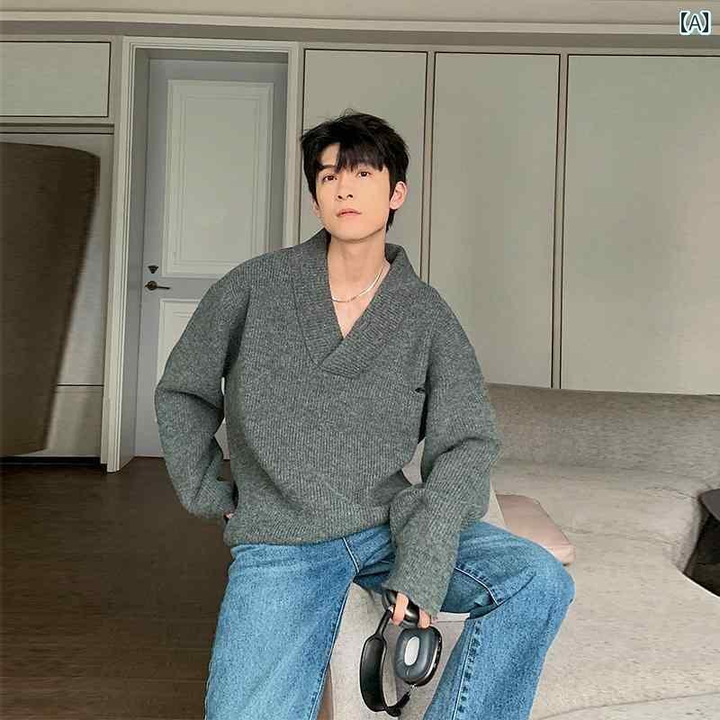 メンズ 冬 穴 セーター 長袖 厚手 暖かい イン トップス 韓国 V ネック