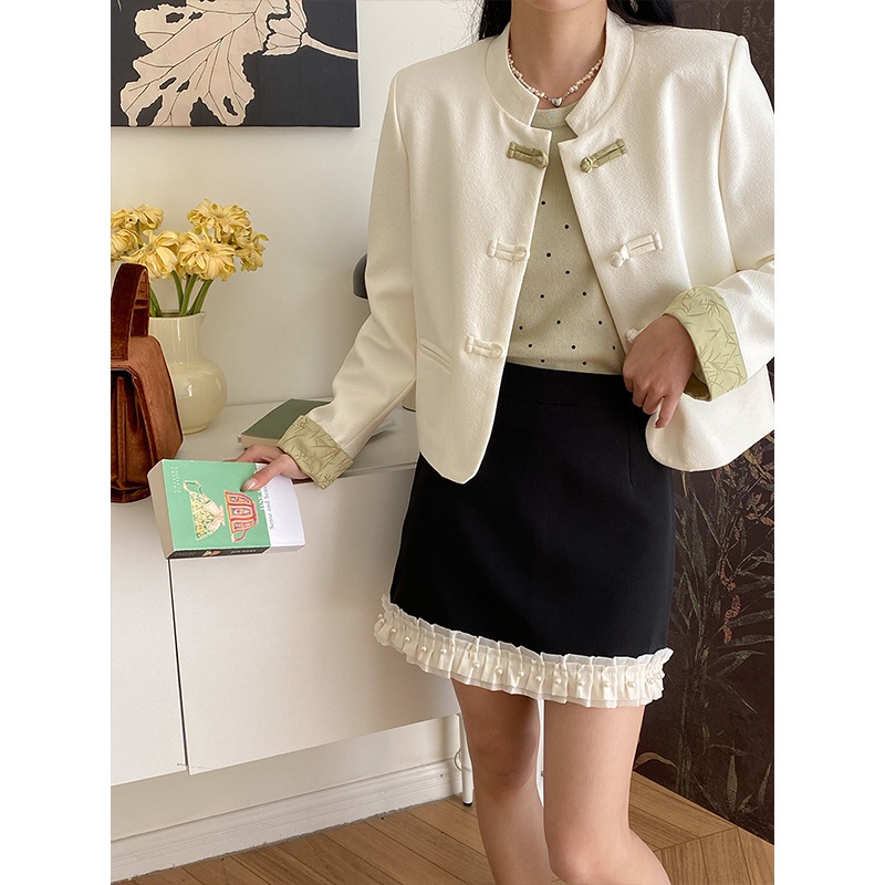 秋新作竹柄コントラストカラー袖口ボタンジャケット 1635