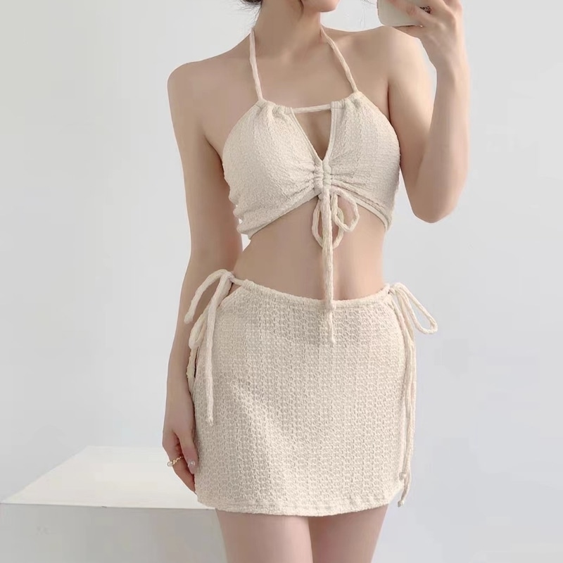 水着 ビキニ セクシービキニ 体系カバー水着 セパレート ホルターネック リボン 胸元 3点セット 大人可愛い セクシー 存在感 無地 レディース 春 夏 海 ビーチ プール リゾート 旅行