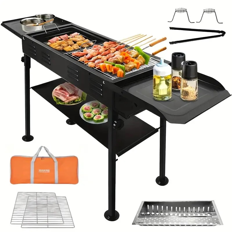 収納棚とキャリーバッグ付きポータブル折りたたみBBQグリル鉄素材塗装仕上げ屋外用日本の焼肉キャンプ串庭のバックヤードパーティーピクニック旅行用ピクニックBBQ折りたたみデザインアイアング
