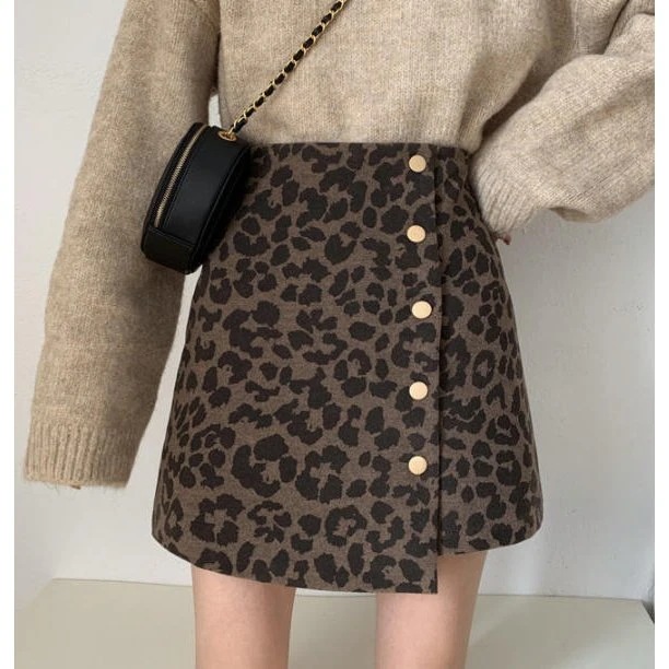 レオパードミニスカートアシンメトリーハイウエストガーリーカジュアルおしゃれレトロ