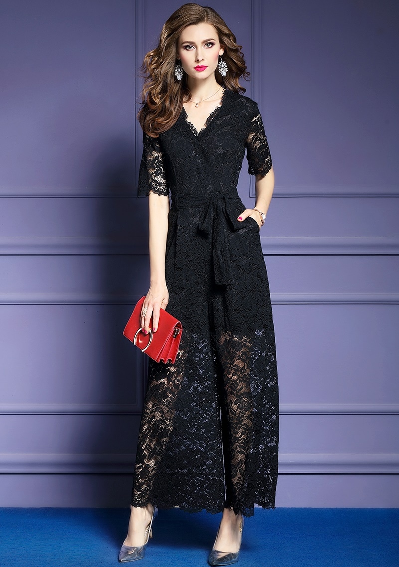 1991.総レースVネックワイドパンツドレス（ブラック）2019 春夏 sale 春夏 sale ワンピース 五分袖 シースルー エレガント お呼ばれ パーティー 結婚式 披露宴 女子会 レストラン