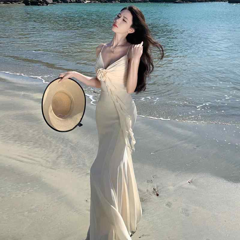 リゾート ワンピース マキシ丈 レディース パーティー イブニングドレス ローズ コサージュ リボン V セクシー サスペンダー ドレス ホリデー スタイル フィッシュテール ロング スカート