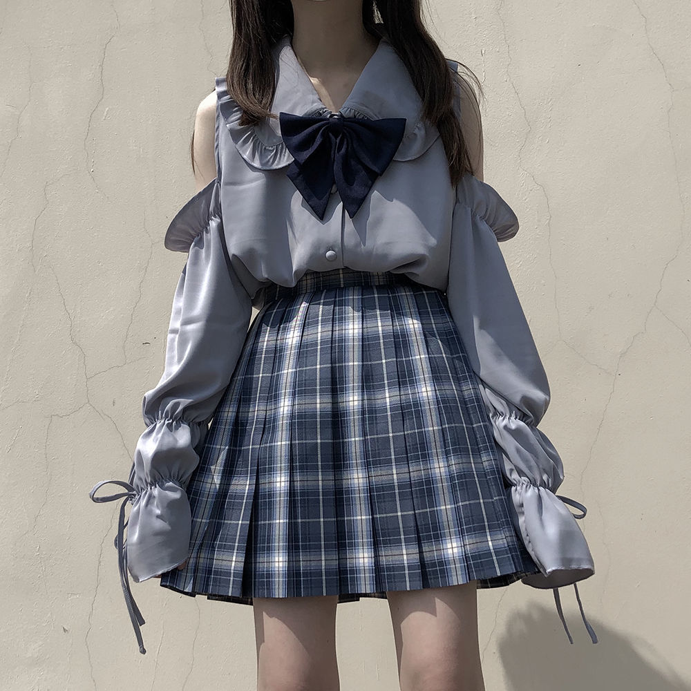 マキシスカートセーラー服おしゃれ制服チェックスカートスーツの新作肩出しシフォンシャツトップスプリーツスカート2点セット脚魅せミニスカート脚魅せミニスカート