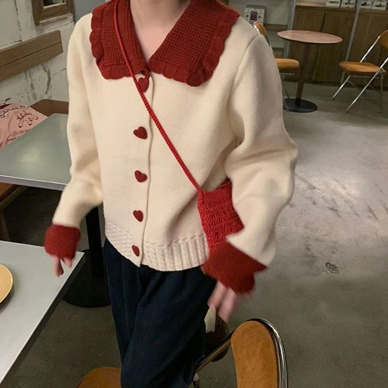 ジャケットアウター 百掛け通勤スーツ コート 赤の優しいセーターハートボタンニットカーディガンレトロアカデミア風コート洋風トップス ラブリータートルネック キルティングコート アウター トレ