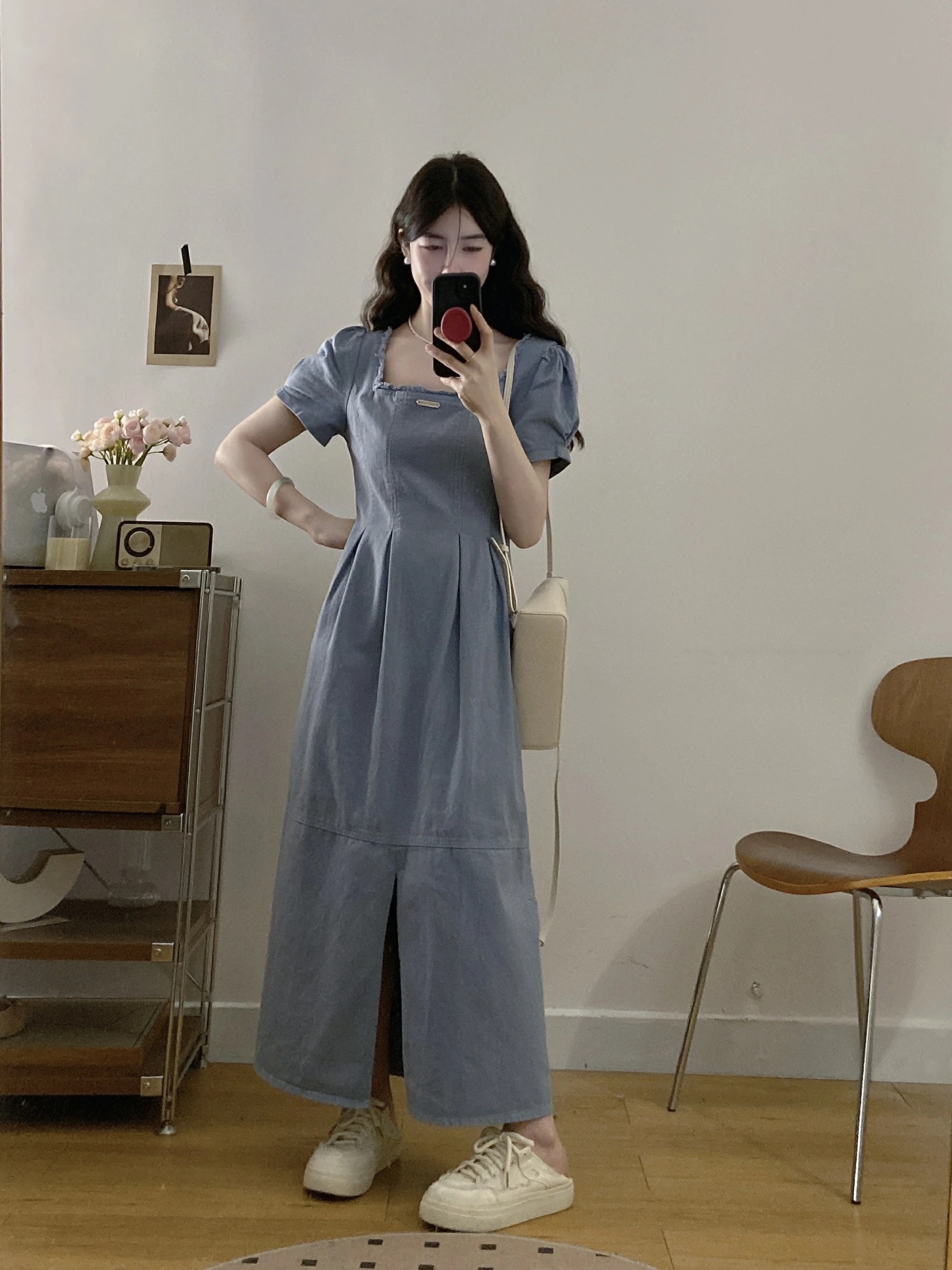 デニムワンピース ロングワンピース ワンピース レディース ロング丈 スリット 体型カバー 着せ ウエストマーク 大きいサイズ スクエアカラー 気質 エレガント 半袖 無地 シンプル 薄手 コーデ