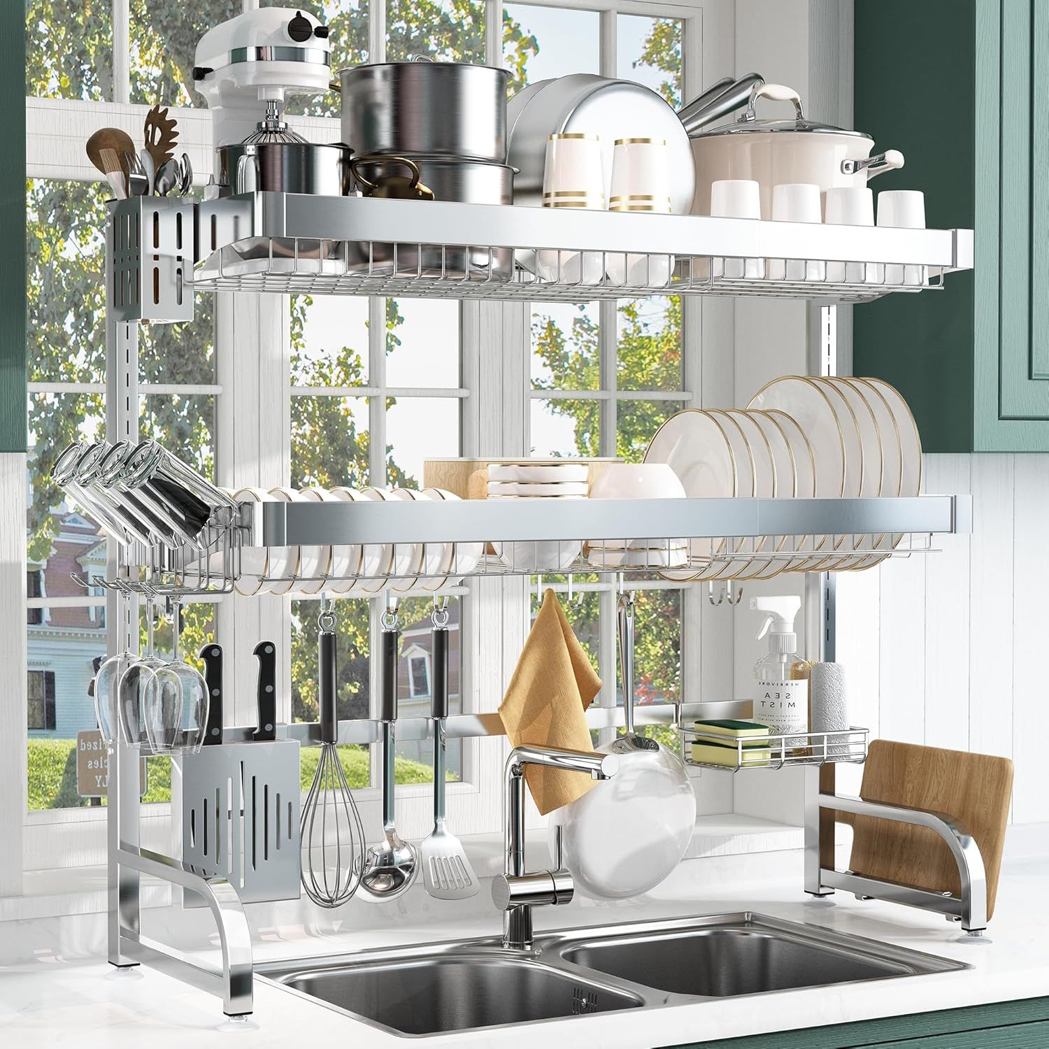 キッチンラック シンク上 収納 水切りラック シンク上 食器 水切り シンク上 ラック 収納棚 強化型 高い安定性 自動排水 組立簡単 水切りラックステンレス 大容量 省スペース シルバー【3段式】