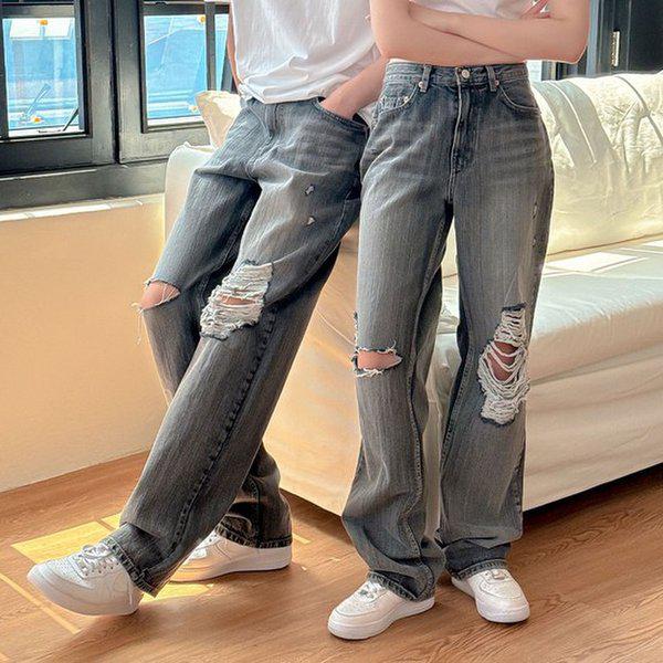 男女共用 オールブラシ ダメージ ワイド デニム パンツ UJ-JEA-8067