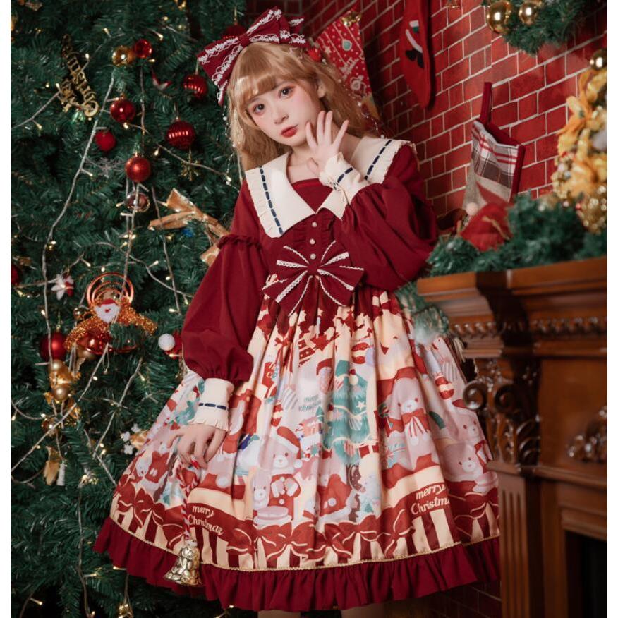 短納期 数量限定 可愛いロリータ服 甘ロリータ プリンセスドレス ロリータワンピース 長袖ワンピース プリント柄 クマ柄 クリスマスパーティー Lolita 可愛いワンピース 大人コス事前に購入すれば