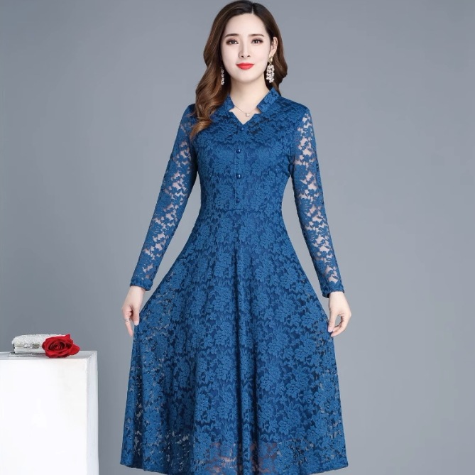 ワンピース ロング ロング丈 袖あり 長袖 襟付き セミフレア Aライン レース ハイウエスト ポリエステル かわいい 大人可愛い きれいめ 上品 おしゃれ アジアン エスニック エレガント 主役級