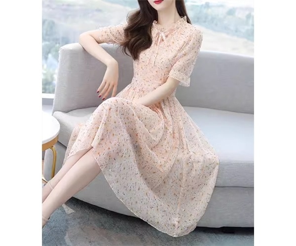 レディース ワンピース プルオーバー 膝下 ミモレ 半袖 Aライン フェミニン シフォン フリル リボン ウエストマーク ファスナー かわいい 大人可愛い きれいめ 上品 おしゃれ レトロ ガーリー