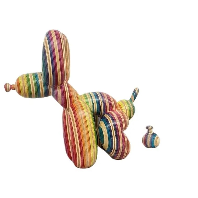 Woodworked POPe Balloon Dog Jeff Koons handmade doll figure Rainbow Wood Grain Handcrafted High 23cm