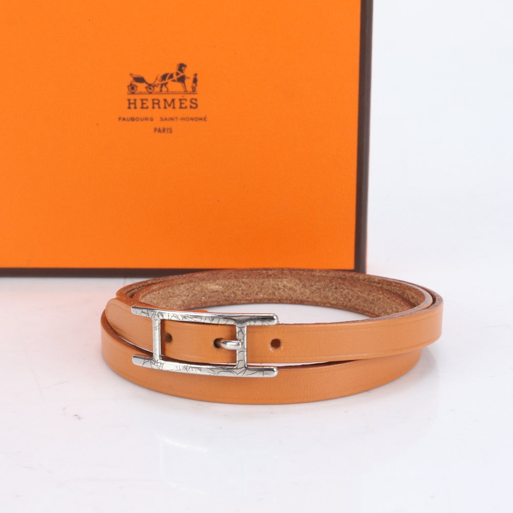 美品 アピ 3 バングル チョーカー シルバー 金具 ブラウン アクセサリー レザー ブレスレット レディース RUE CO9-8 中古