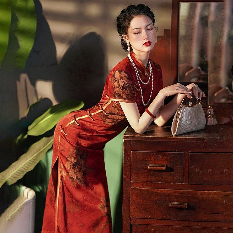 斜めのラペルレトロな女性の春の花のチャイナドレスロングドレス毎日改良されたドレス