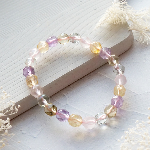 MIXストーン スターカット ブレスレット 約8mm 天然石 パワーストーン ローズクォーツ アメジスト シトリン レモンクォーツ グリーンアメジスト ギフト プレゼント 幸運 癒し お守り 上品 レ