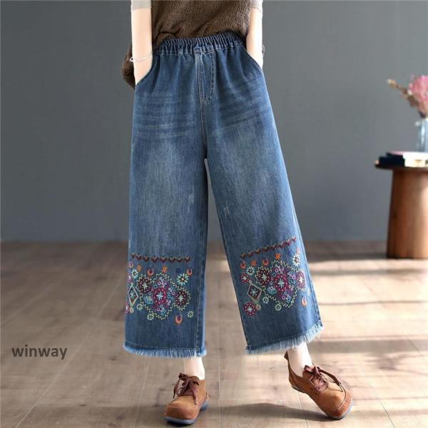 デニムパンツ レディース ジーンズ ジーパン 春春 九分丈 ズボン 刺繍 可愛い 大人カジュアル ラフスタイル