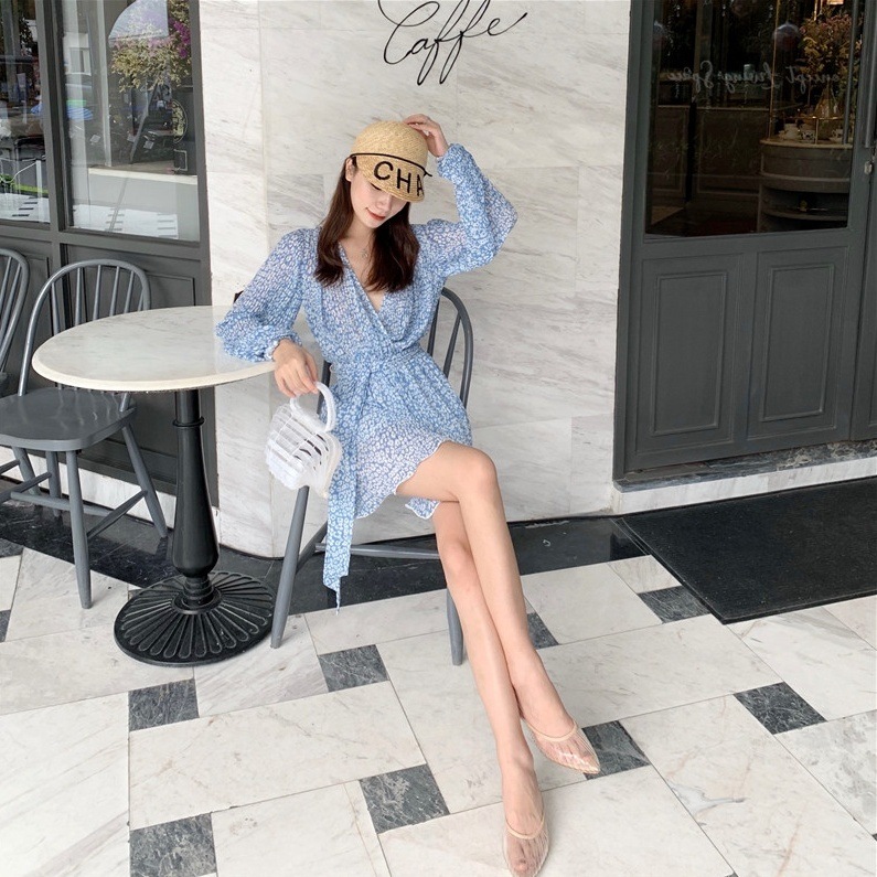 ワンピース フレアワンピース ミニ丈 長袖 Vネック フレア ウエストリボン ポリエステル