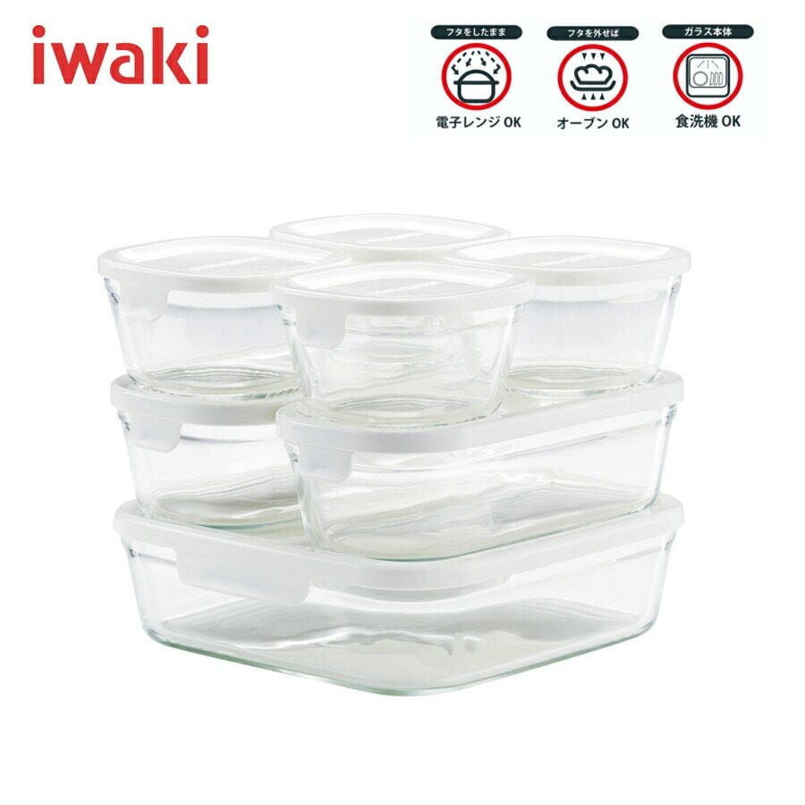 イワキ iwaki パック＆レンジ 7点セット ホワイト /耐熱ガラス食器 保存容器 電子レンジ対応 オーブン対応 食洗機対応 パックアンドレンジ ギフトセット 箱付き 白 おしゃれ 清潔 衛生的