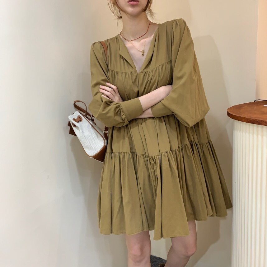 3color シャツ ワンピース フレア ミニ 長袖 ビショップスリーブ Vネック ワイド Aライン