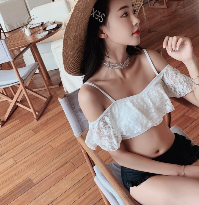 新作 レース オフショルダー かわいい フレア フリル 水着 上下 2点セット パットあり スカート ミニスカート おしゃれ レディース スカート水着 オフショル 水着 バンドゥ ビキニ 2点 セクシ