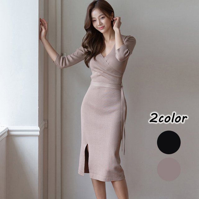 Qoo10 Vネック 長袖 ニットワンピース レディ レディース服