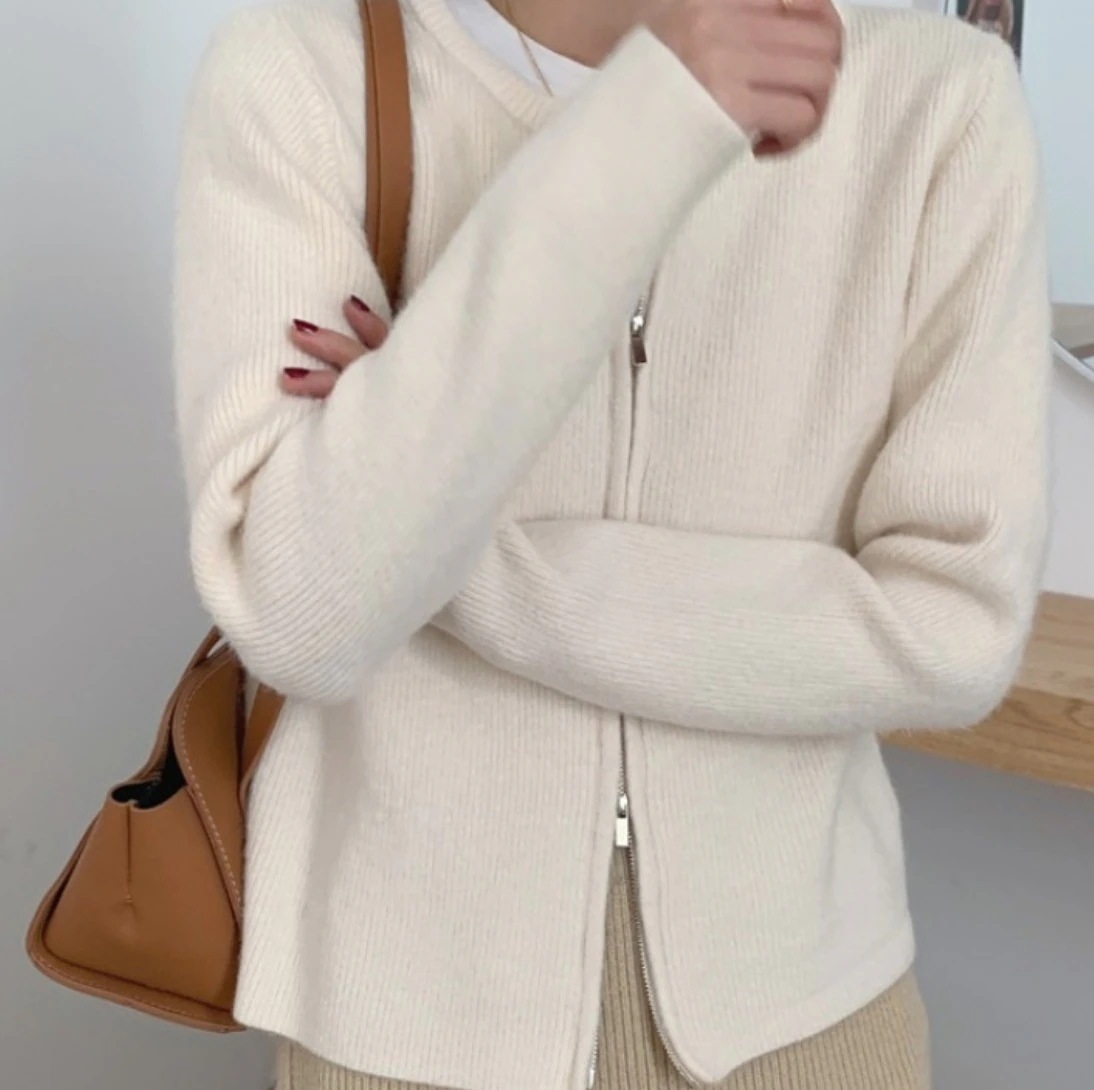 トップス デート カットソー かわいい 大人可愛い きれいめ シンプル カジュアル 大人 上品 ジップ カーディガン ラウンドネック 長袖　ニット ファスナー リブ ニット 無地 秋冬 羽織 ホワイト
