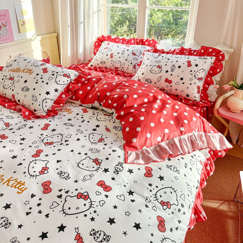 無料限定新品登場 超 純綿ベッドスカート4点セット綿レース布団カバーkt猫児童アニメ3点セット少女心