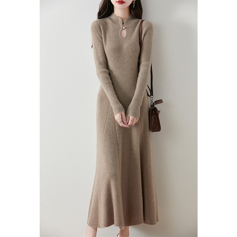 2024新作 ニットワンピ 長袖ロング マキシ丈ワンピスタンドカラーディスクボタンウールニットワンピース2024秋冬新作レディース着痩せ無地プルオーバーセータードレス