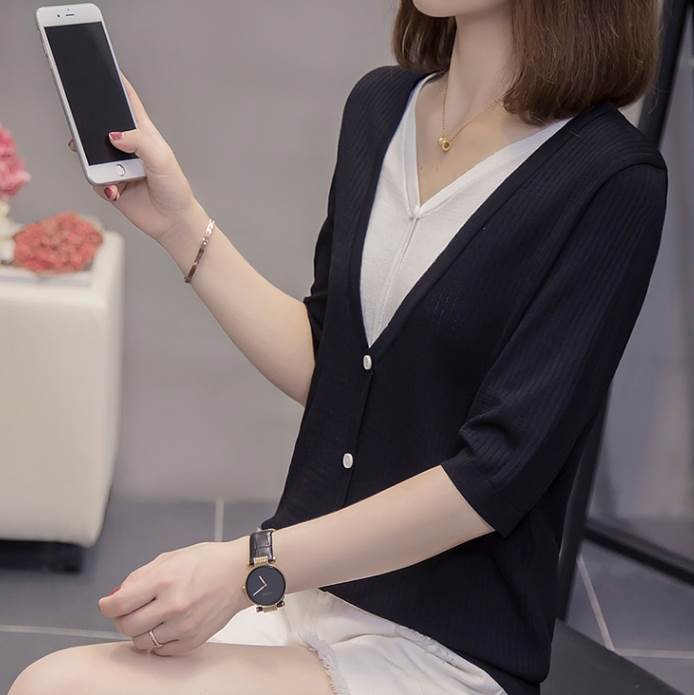 トップス カーディガン ミディアム丈 袖あり 5分袖 五分袖 Vネック 襟なし 前開き サマーニット 薄手 かわいい 大人可愛い シンプル カジュアル 大人 おしゃれ お洒落 アジアン エスニック 大