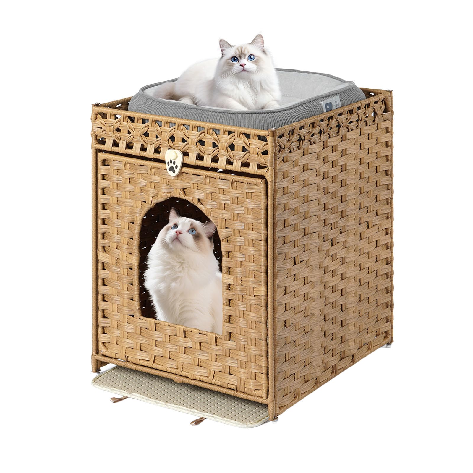 猫 ベッド キャットハウス 手編み藤製ダブルデザインキャットハウス＆猫砂箱 猫トイレカバー 猫砂ボックス収納家具 大容量通気性 防水防晒簡単設置 夜台/サイドテーブルにもなる多機能ペットハウス