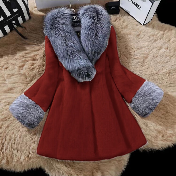 2025秋冬新作イミテーションファーコートレディースミディアムロングスリムコートイミテーションフォックスファー襟イミテーションミンクベルベット厚手
