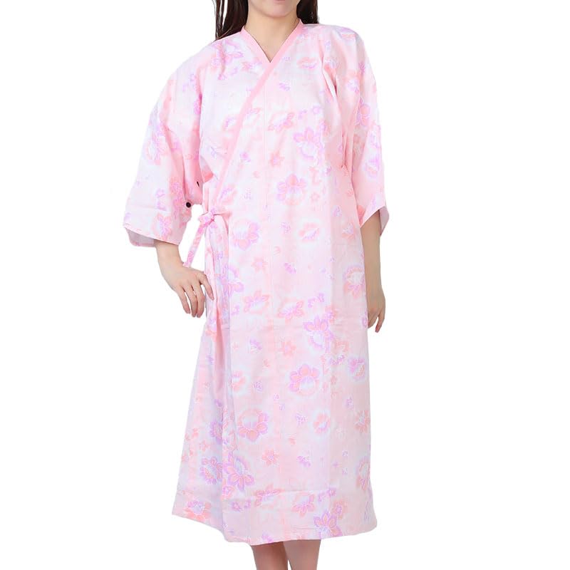 KOMESICHI COLLECTION 米七 ガーゼ 寝巻き ピンク Mサイズ 介護用 ホック留め式 日本製 婦人用 二重袷ガーゼ 綿100%