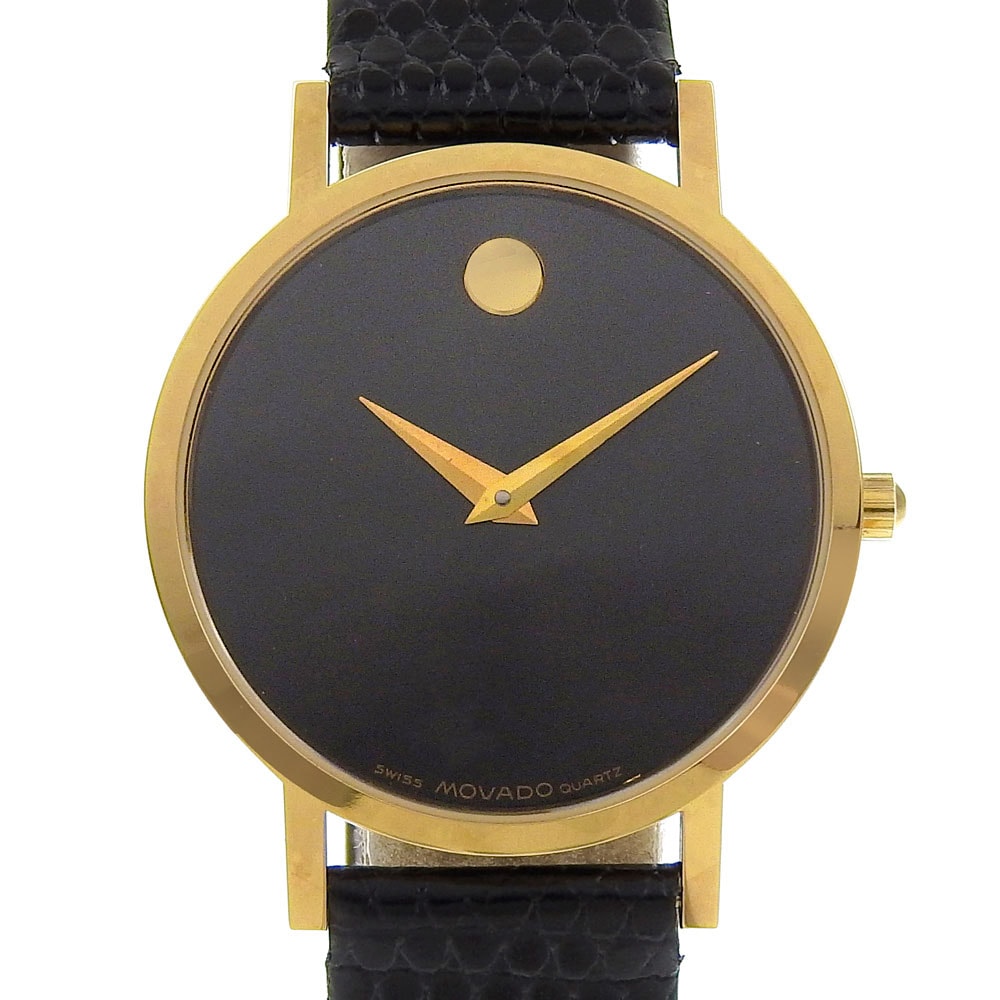 Movado モバード ミュージアム 87.45.882 腕時計 金メッキ 型押しレザー クオーツ アナログ表示 メンズ 黒文字盤 中古品 Aランク