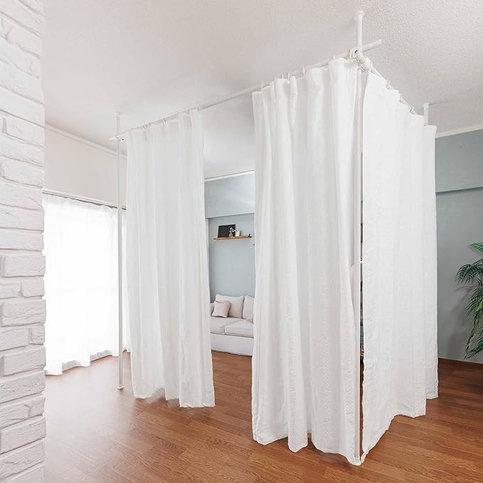 部屋 仕切り つっぱり カーテン カーテンポール カーテンリング付 突っ張り棒 黒 テレワーク 耐荷重最大70kg 縦107.5-267cm 横106-263cm (3ポールホワイト+白カーテン4枚付 9,075円