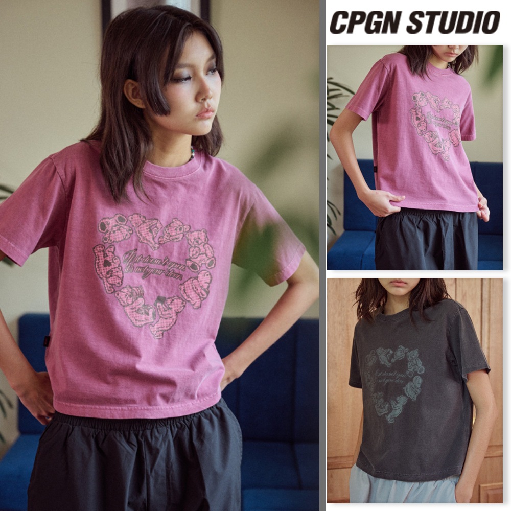 【CPGN STUDIO】 Heart Bear Pigment Crop Short Sleeve Tee