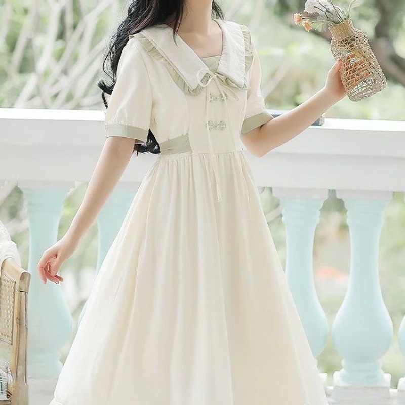 天仙風妖精優しい風ドールカラー白ドレス女性プレッピー風ウエスト痩身ロングスカート