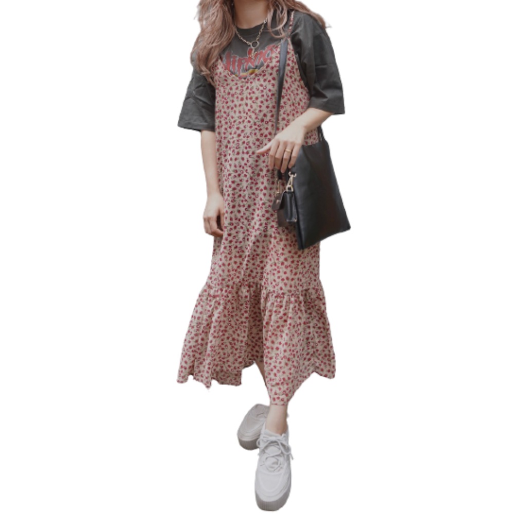 Red Flower Hem-Frill Cami-Onepiece (beige) A,D,G レディース