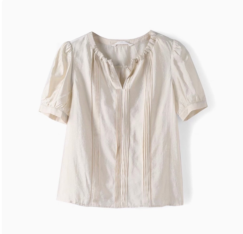レディース トップス シャツ ブラウス カットソー デート ミディアム丈 袖あり 半袖 パフスリーブ Vネック 襟なし 切り替えデザイン プリーツ 伸縮性 かわいい 大人可愛い きれいめ シンプル 5,724円