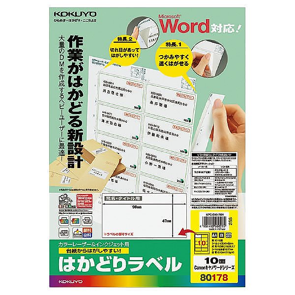 プリンタを選ばない はかどりラベル（Word対応/ワープロ仕様レイアウト） A4 10面 100枚 KPC-E80178N