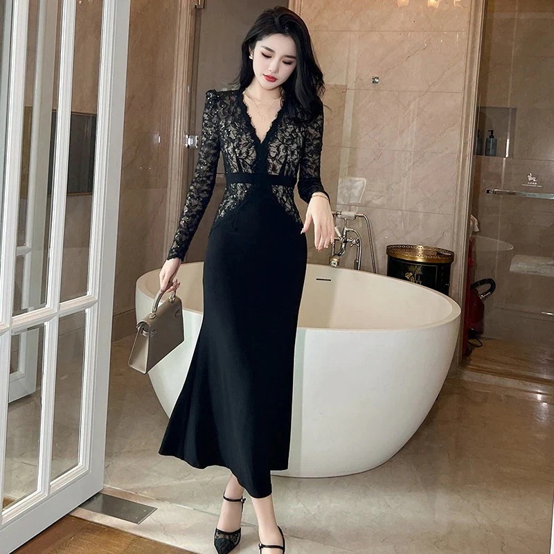 2024秋冬新品 ロングワンピース 大人 レース タイト vネック ワンピース パーティードレス キャバ 着痩せ 大人 同窓会 披露宴 卒業式 結婚式 演奏会 ウェディング 二次会 発