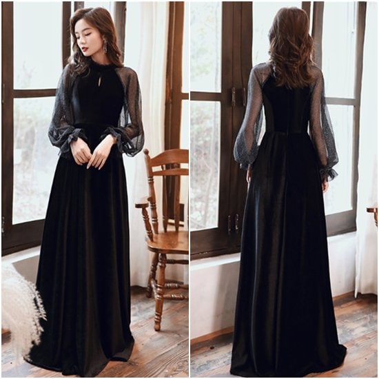 【取寄：納期2週間】演奏会ドレス ロングドレス 大きいサイズ XL 2XL ランタンスリーブ 長袖 パーティードレス エレガント シンプル お呼ばれ フォーマル きれいめ ロングスカート 上品