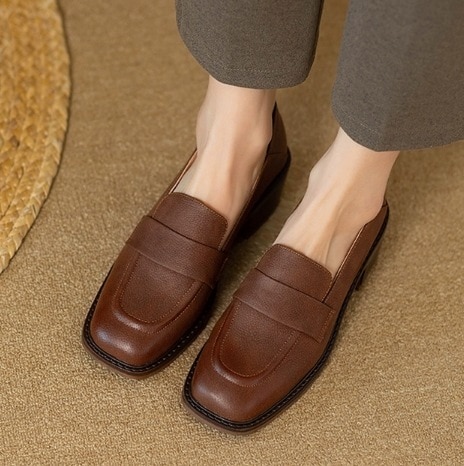 異国風 レディース ローファー 5cm 太ヒール チャンキーヒール ミドルヒール スクエアトゥ レザー きれいめ シンプル カジュアル 上品 レトロ ボーイッシュ クール シック クラシック