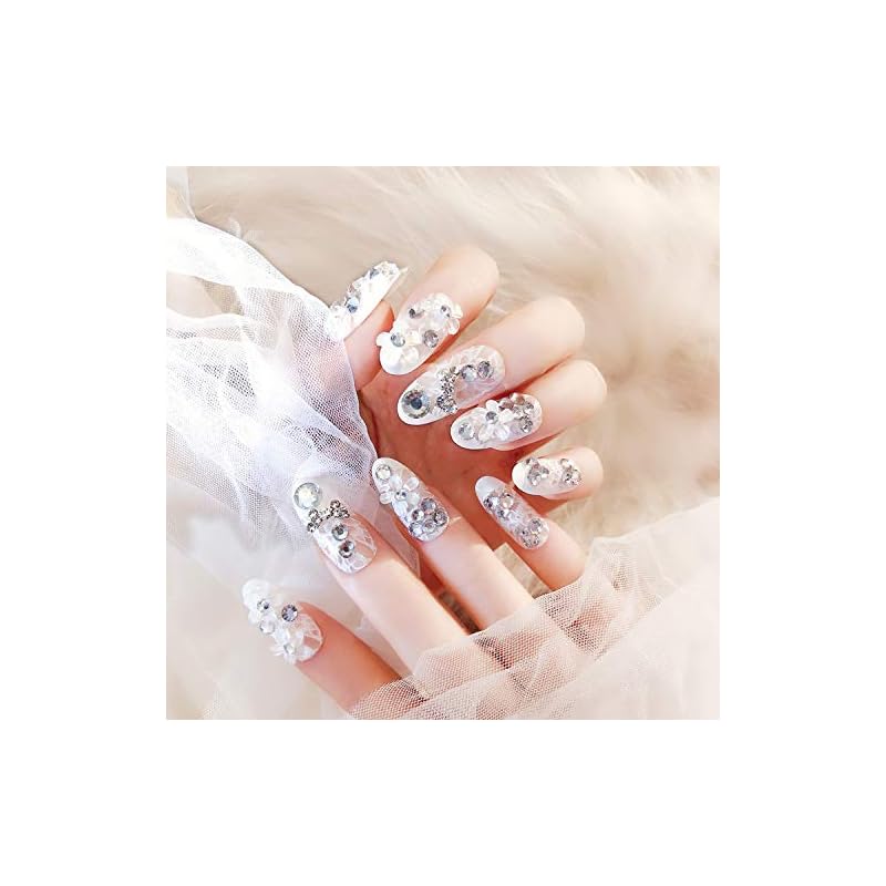 24Pcs ネイルチップ ラインストーンリボンが輝く フルチップ 花嫁ネイル 結婚式上演する写真を撮るパーティー二次会などに ジルコン 両面接着テープ付き (DC101)