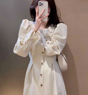 レディース ワンピース セットアップ つなぎ シャツワンピ 長袖 Vネック 襟付き スリム 細身 フレンチ 前開き かわいい 大人可愛い きれいめ シンプル 上品 おしゃれ レトロ ガーリー モード系