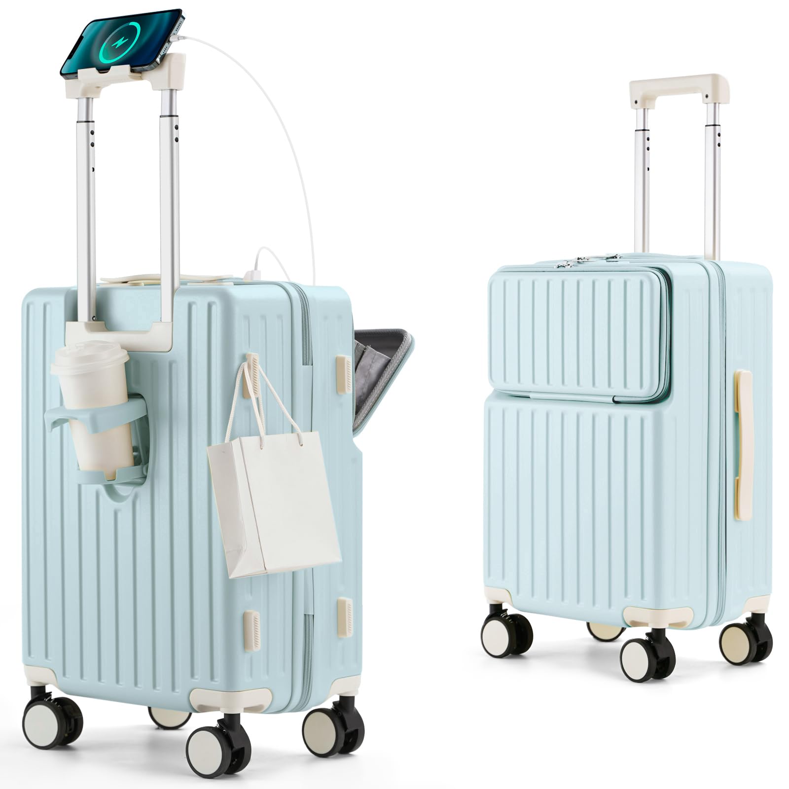 [Mularda] スーツケース フロントオープン スーツケース 機内持ち込み 多機能キャリーケース 超軽量 耐衝撃 前開き キャリーバッグ USBポート付き 360度回転 ダブルキャスター 軽量 旅