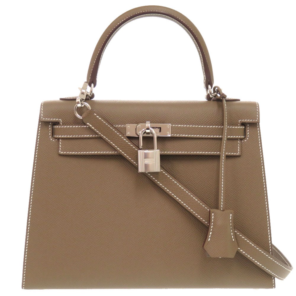 新品同様 ケリー25 外縫い ハンドバッグ ヴォーエプソン エトゥープ B刻印 0667【中古】 レディース