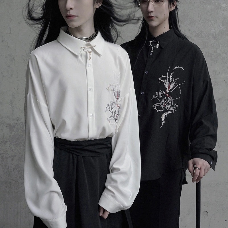 チャイナ風シャツ レディース 刺繍トップス メンズ ブラウス オリジナル 黒/白 男女兼用 龍紋