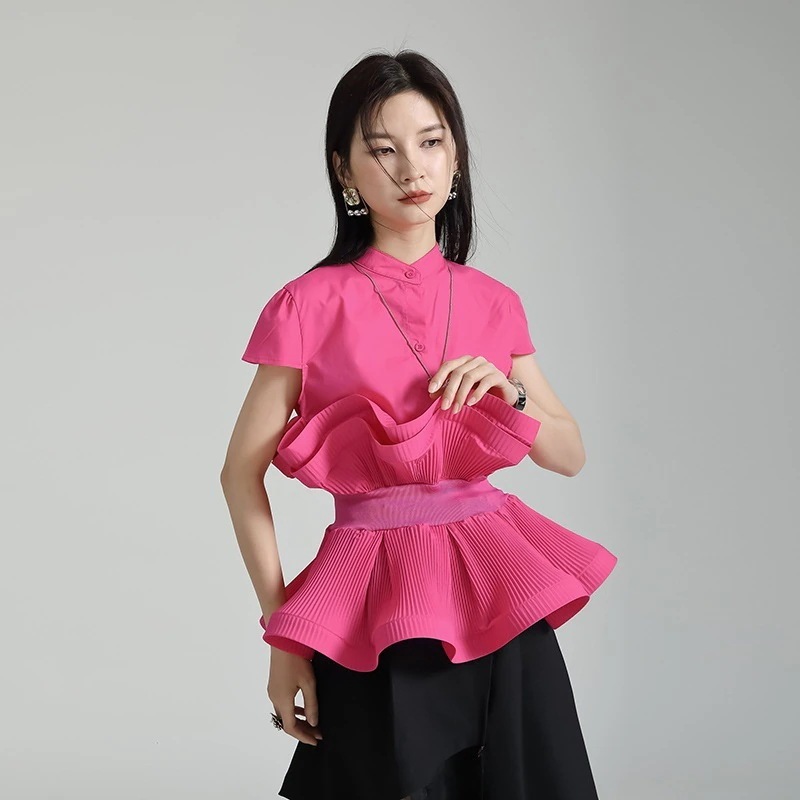 2024新型タックハスフリル半袖シャツ百掛けブラウス立体花びらは腰半袖ドレス