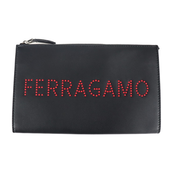 超美品 Salvatore Ferragamo サルヴァトーレ フェラガモ クラッチバッグ 24 A121 ロゴ スタッズ レザー ブラック レッド セカンドバッグ ポーチ 本物保証 中古