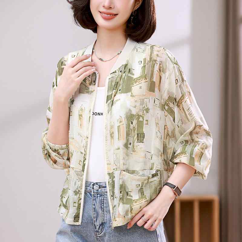【激安販売】UVカットジャケット レディース 軽量 薄手 小花柄 ブルゾン ナイロン 再生繊維 通気性 ゆったり 大きいサイズ スタンドカラージップアップ ポケット付き カジュアル 春夏